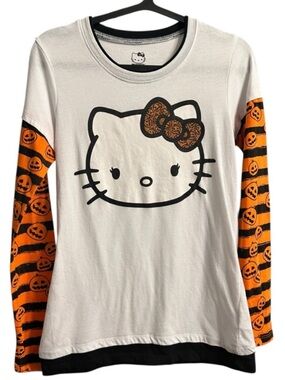 Juniors Hello Kitty Long Sleeve Tee L White Orange Halloween